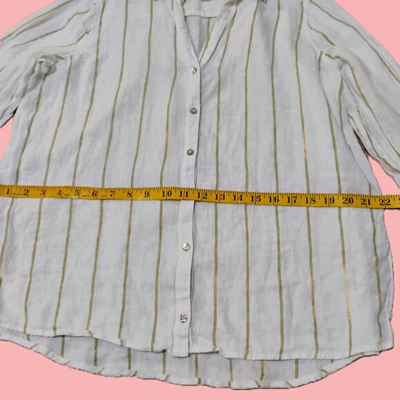 Sigrid Olsen 100% linen striped blouse features long sleeves turn-up sleeves L - Picture 8 of 9